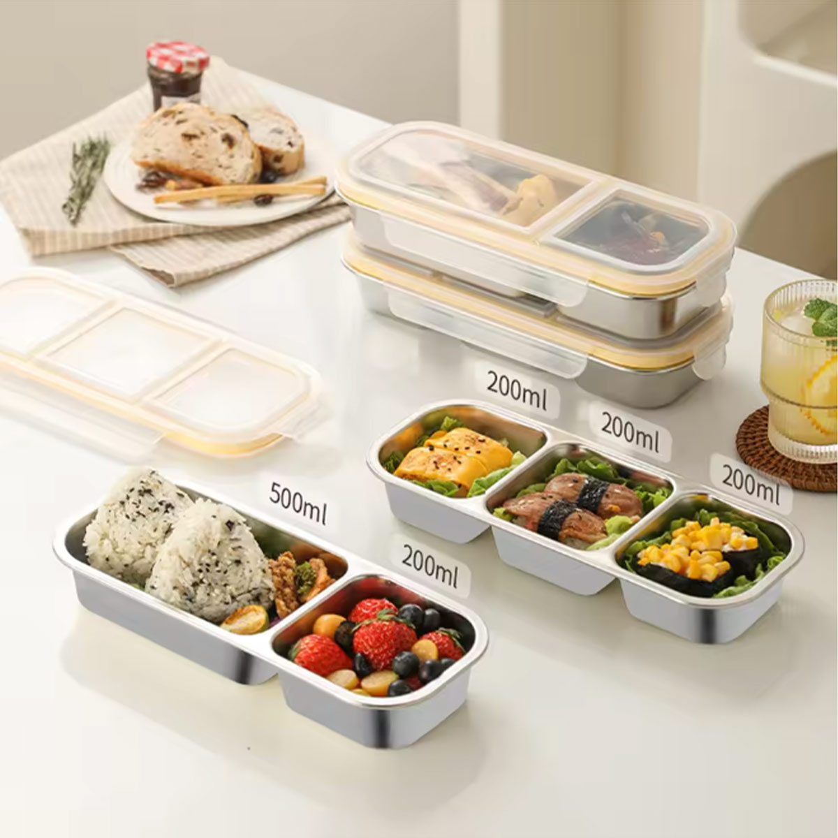 Food Snacks For Weight Loss - 304ステンレス鋼製3コンパートメント軽食弁当箱、会社員向け、量り分け可能、携帯用フルーツスナックボックスランチボックス