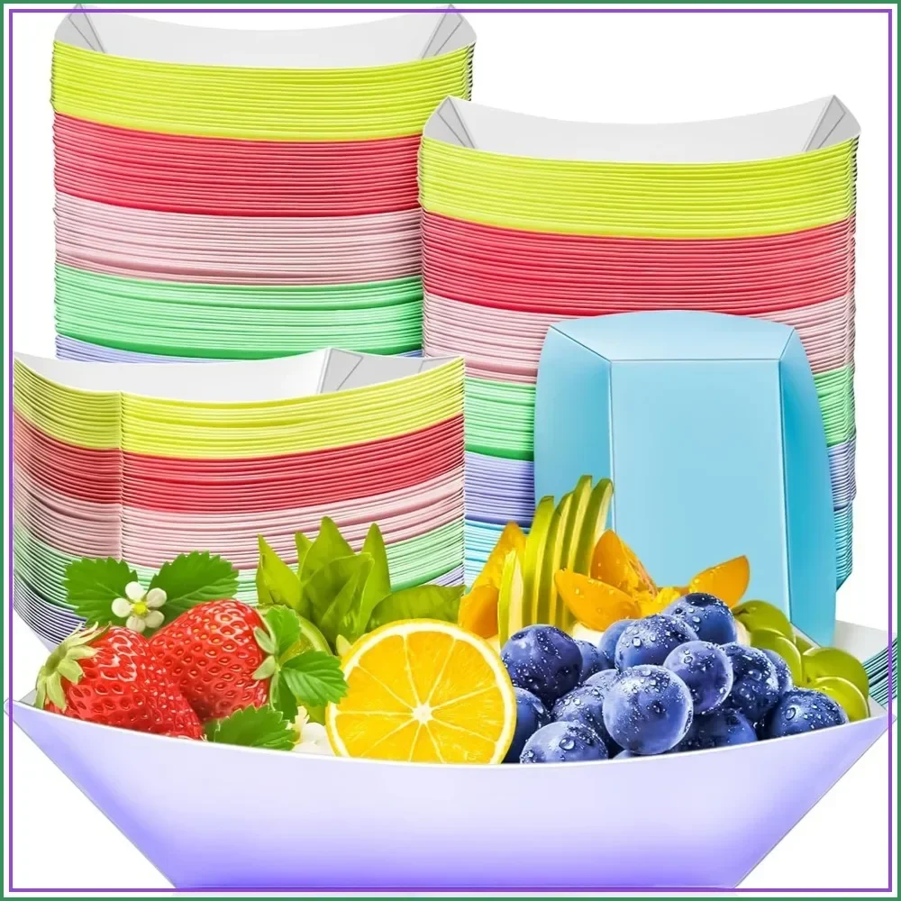 Food Snacks Images - 100個入り 3ポンド クラフト紙製フードボートトレイ、6色パステルカラー、8x5x2インチ、使い捨て、油・グリース耐性、スナック、BBQ、パーティー用