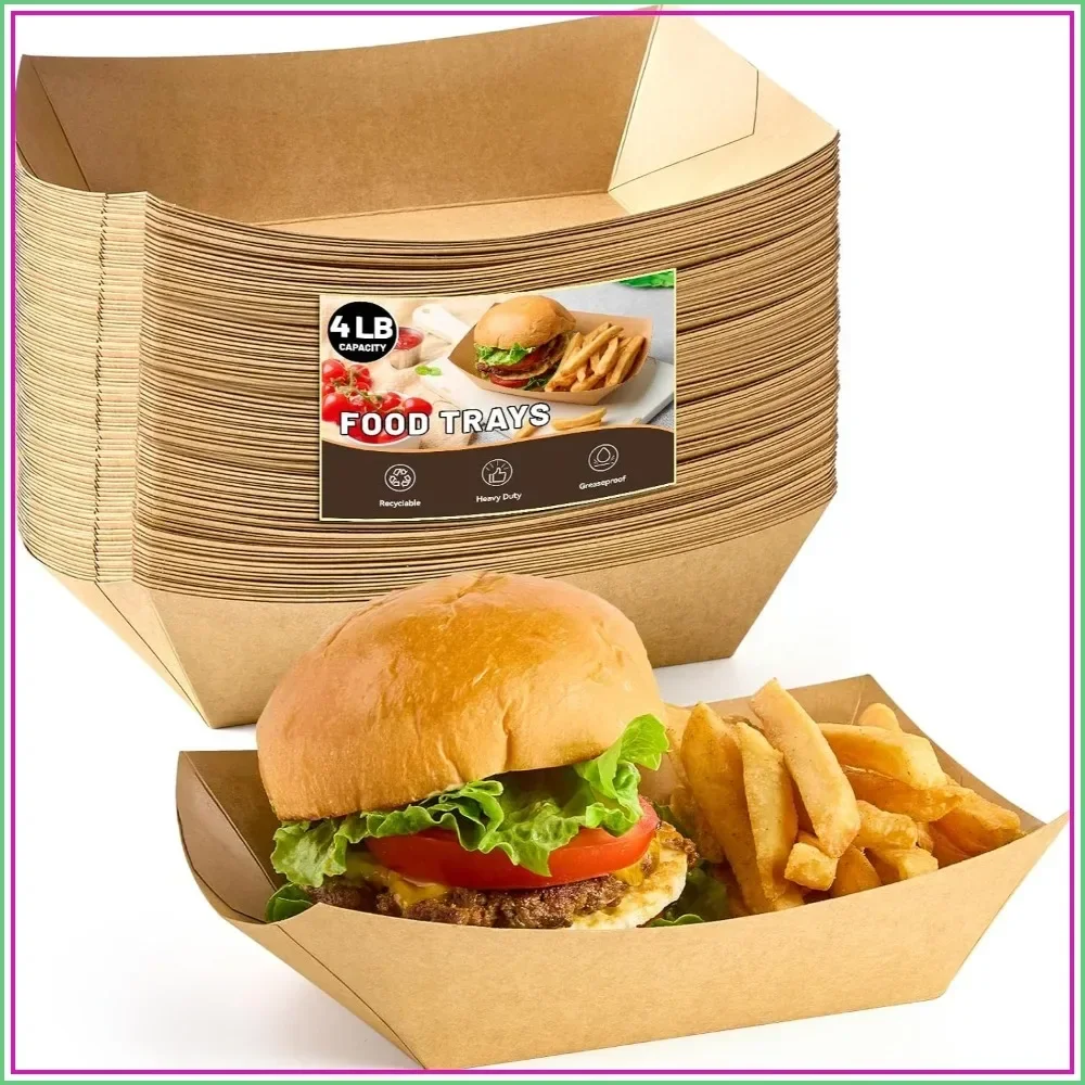 Food Snacks Images - 大型クラフト紙製フードトレイ 50個入り、4ポンド、パーティー、サンドイッチ、スナック用使い捨てナチョボート