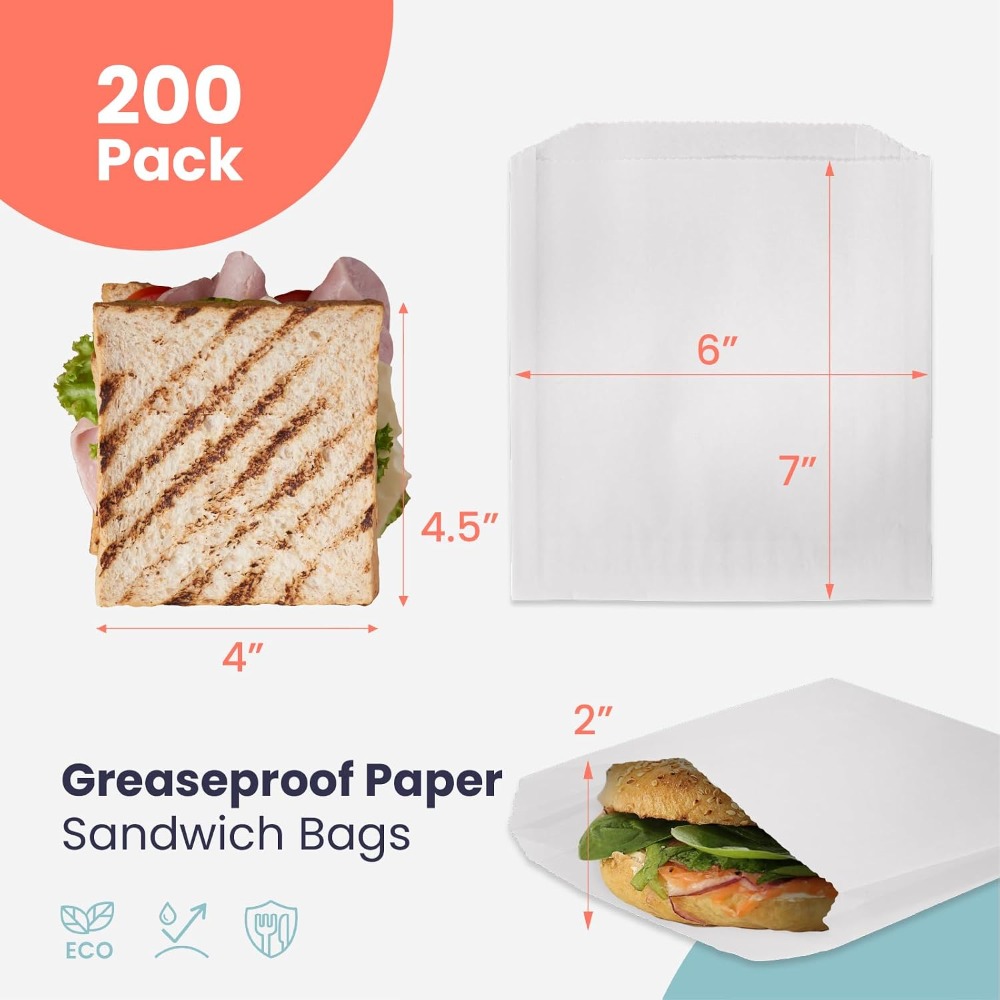 200枚入り耐油サンドイッチバッグ 7x6インチ 食品グレー - Food Snacks Images のレビューと価格